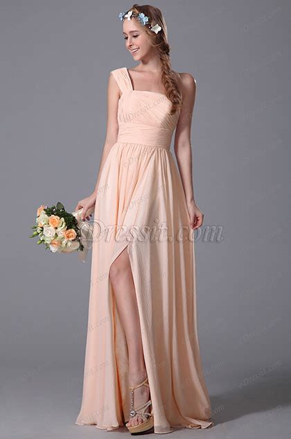 Elegant One Shoulder Slit Peach Bridesmaid Dress 07150301 Edressit