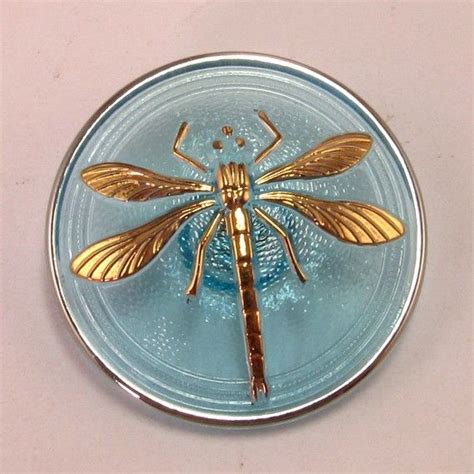 Czech Glass Button Dragonfly Aqua Gold 31mm