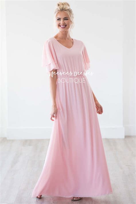 Blush Pink Chiffon Maxi Dress Modest Bridesmaids Dresses Neesees