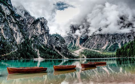 Lake Braies Pragser Wildsee Mountain Lake Mountains Wooden Boats