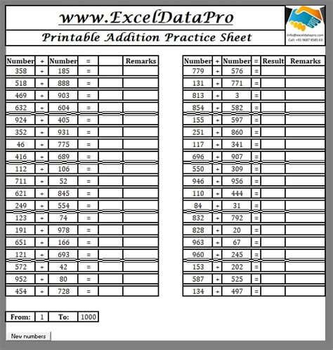 Download Basic Addition Practice Sheet Excel Template Exceldatapro