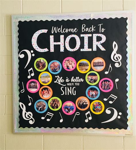 A Welcome Back To Choir Sign Hanging On A Wall With Music Notes And