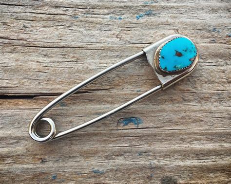 Sterling Silver Safety Pin Turquoise Brooch Pin For Woman Vintage