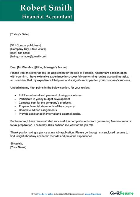 Financial Manager Cover Letter Examples Qwikresume