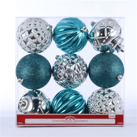 Holiday Time Round Shatterproof Ornaments Teal And Silver 9 Count
