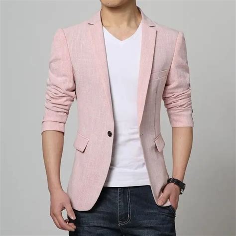 Men Pink Linen Formal Blazers Men Long Sleeve Slim Fit Suit Jacket