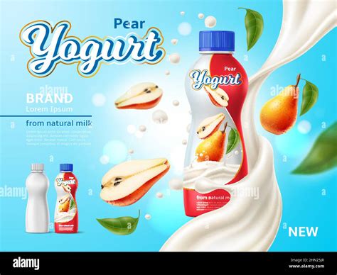 Realistic Drinking Yogurt Banner Fermented Milk Product Plastic Bottle Whole And Half Pears