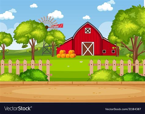 Background Scene With Red Barn On Farm Royalty Free Vector