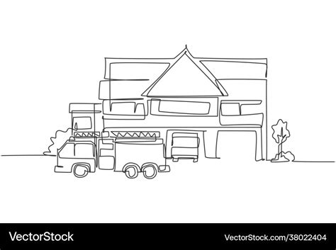 Continuous One Line Drawing Fire Station Vector Image