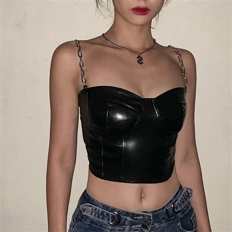 Women Sexy Bocycon Pu Leather Metal Chain Strap Crop Tops Fashion Black Clubwear Streetwear