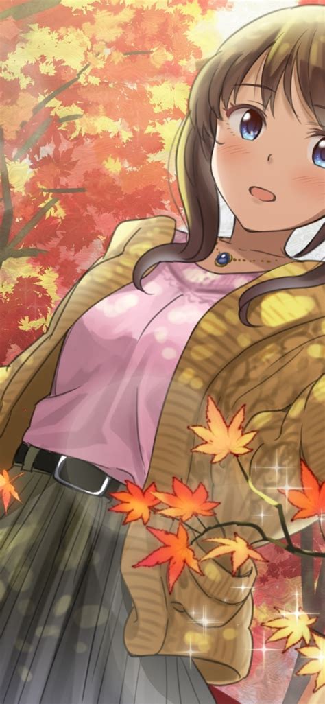 Download 1125x2436 Autumn Anime Girl Brown Hair Umbrella Trees