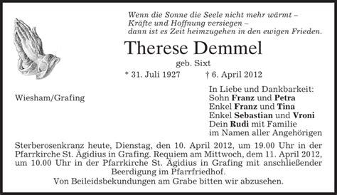 Traueranzeigen Von Therese Demmel Trauer Merkur De