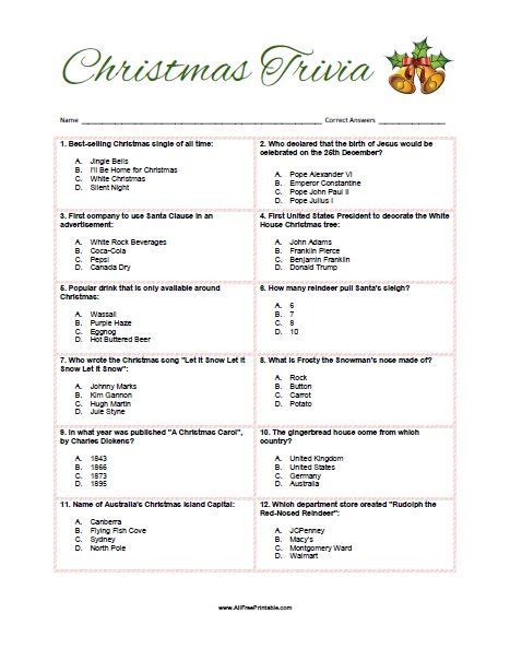 Free Printable Christmas Trivia A Christmas Quiz Questions English
