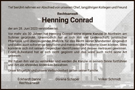 Traueranzeigen Von Henning Conrad Trauer Hna De