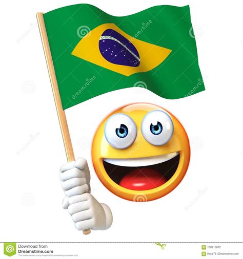 Emoji Holding Brazilian Flag Emoticon Waving National Flag Of Brazil 3d Rendering Stock