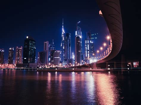 Wallpaper Dubai Uae Skyscrapers River Bridge Lights