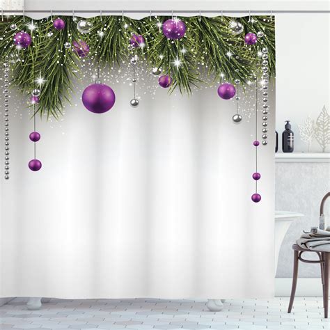 Christmas Shower Curtain Tree With Tinsel And Ball With Present Wrap