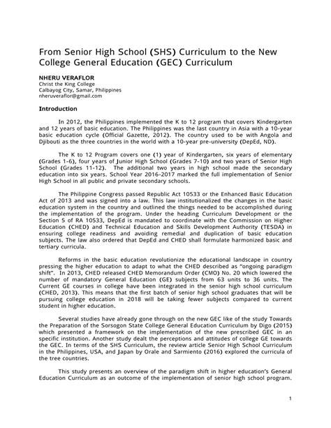 Free samples and examples of essays, homeworks and any papers. (PDF) From Senior High School (SHS) Curriculum to the New College General Education (GEC) Curriculum
