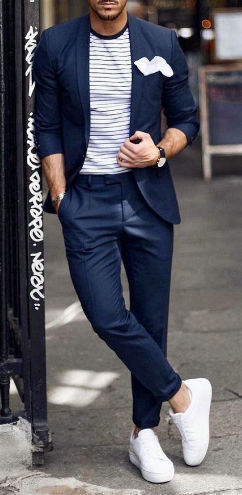 Today we're going to share how to wear white sneakers for men. Men's blue suit with T-shirt and white sneakers. # ...