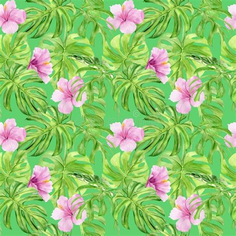 Watercolor Illustration Seamless Pattern Of Tropical Leaves And Flower