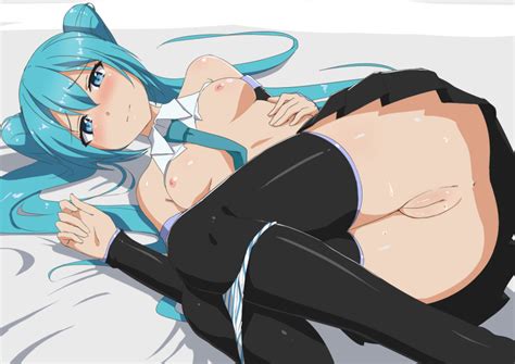 Abmayo Hatsune Miku Vocaloid Highres 1girl Anus Aqua Eyes Aqua Hair Ass Bed Sheet