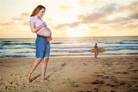 Pregnant Woman On The Sunset Beach Pose Near Ocean Stock Image Image Of Light Belly 211250935