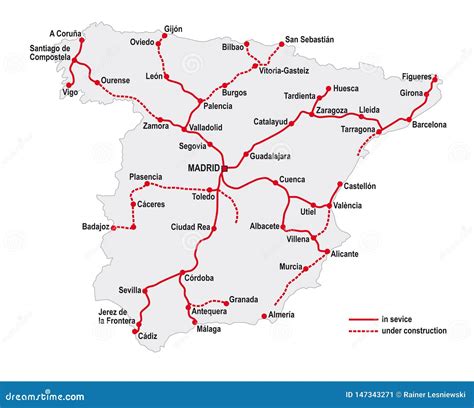 Map Of The High Speed Railway Lines In Spain Stock Vector