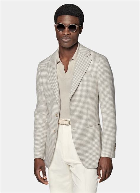 Light Brown Houndstooth Havana Blazer In Linen Silk Wool Cotton