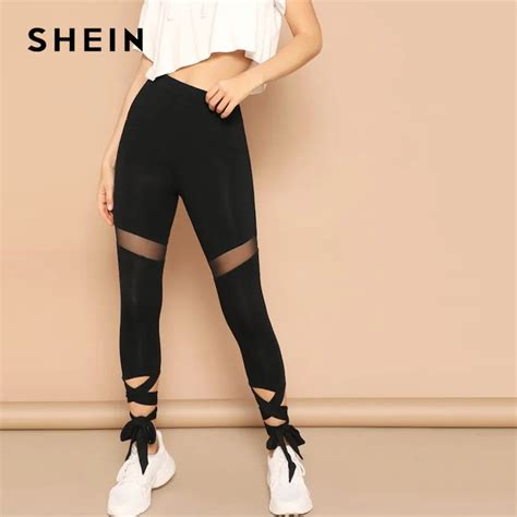 Shein Black Mesh Insert Lace Up Hem Sporty Leggings Women Spring Solid Sheer Detail Casual