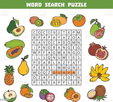 Vector Color Crossword About Fruits Word Search Puzzle