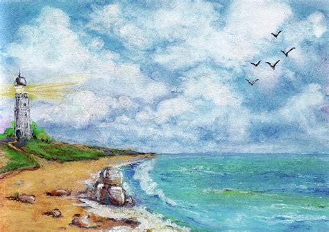 Seascape With Lighthouse Seagulls And Rocks Drawing By Elena Sysoeva