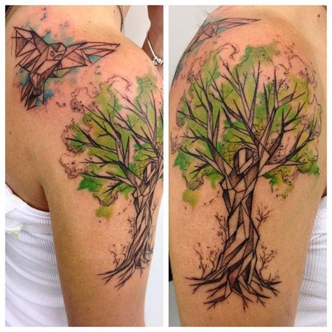 Sketchy Watercolor Tree Tattoo On Shoulder Tree Sleeve Tattoo Owl