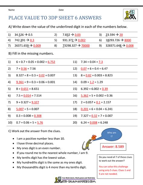 Place Value To 3dp Sheet 6 Answers Studying Math Printable Math