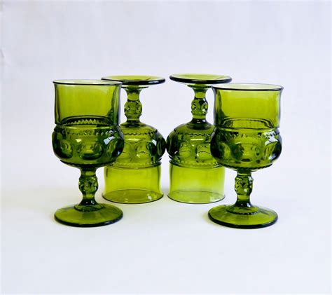 Dark Olive Green Wine Glass Goblet Set Of 4 Vintage By Ollyoxes