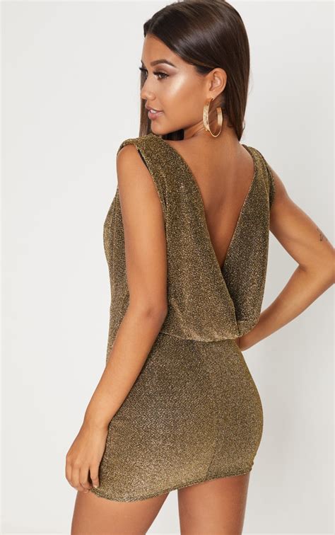 Gold Lurex Cowl Front And Back Bodycon Dress Prettylittlething Qa