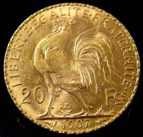 Unc 1907 French Rooster Gold Coin 20 Francs
