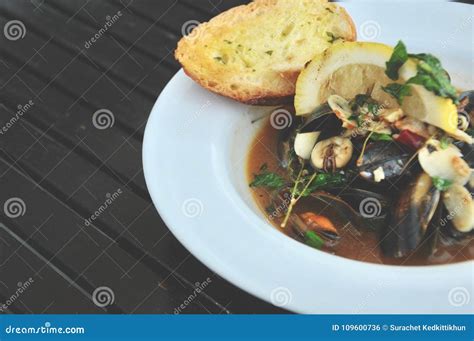 Selective Focusing Of Spicy Mussel Appetizer Traditional Food Stock