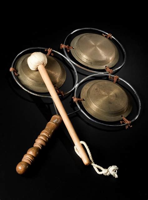 Triple Gong With Brass Gongs And Wood Handle Used In Processions And