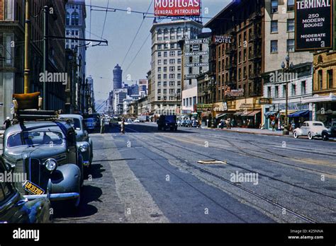 San Francisco Street Scene 1950s Terminal Hotel And Mobil Gas Sign