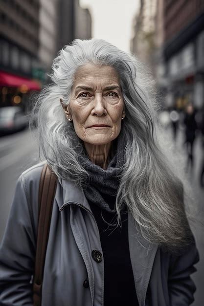 Premium Ai Image Generative Ai Illustration Of Beautiful 60 Year Old Woman With Gray Hair On
