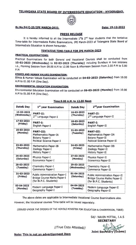 TS Inter Exam Time Table 2023 Tsbie Telangana Intermediate Timetable