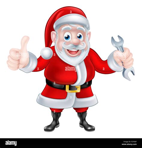 Christmas Cartoon Santa Claus Holding Mechanic Or Plumber Spanner Or