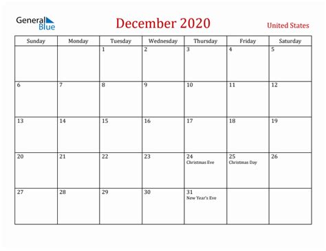 December 2020 Monthly Calendar With United States Holidays