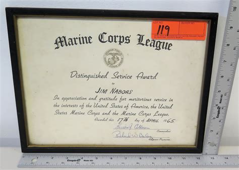 Framed Distinguished Service Award Marine Corps League 1965 Signed