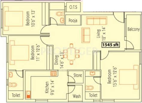 1545 Sq Ft 3 Bhk Floor Plan Image Sekaran Realties Everton Enclave