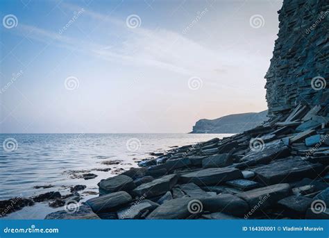 Gray Rocky Seashore In The Evening Stock Image Image Of Material