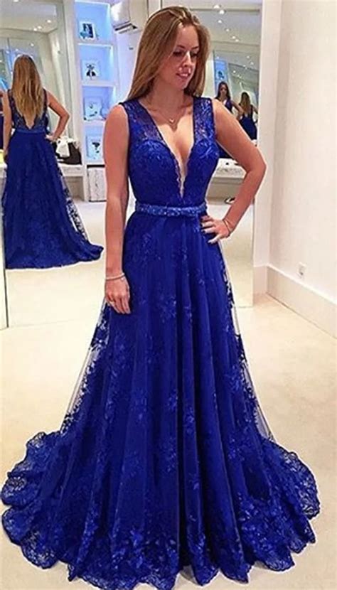 2017 Royal Blue A Line Evening Dresses V Neck Sleeveless Lace Appliques Prom Dresses Dres