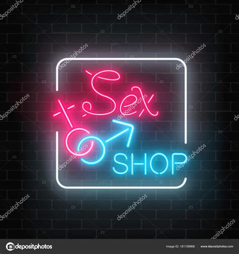 Glowing Neon Sex Shop Street Sign On Dark Brick Wall Background Adult Store Night Banner Sex
