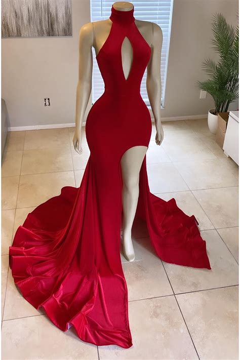 Miabel Glorious Mermaid Red Front Split High Neck Prom Dress Online