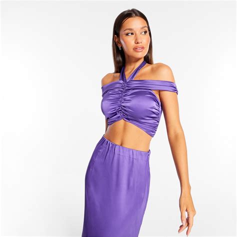Missguided Co Ord Halterneck Ruched Crop Top Purple